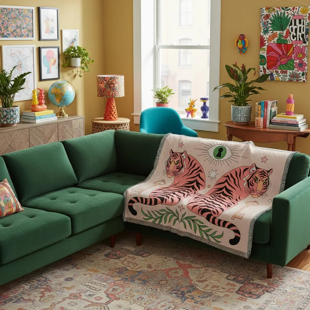 Prodigi-Webdecke über einem Sofa in einem eklektischen Wohnzimmer drapiert