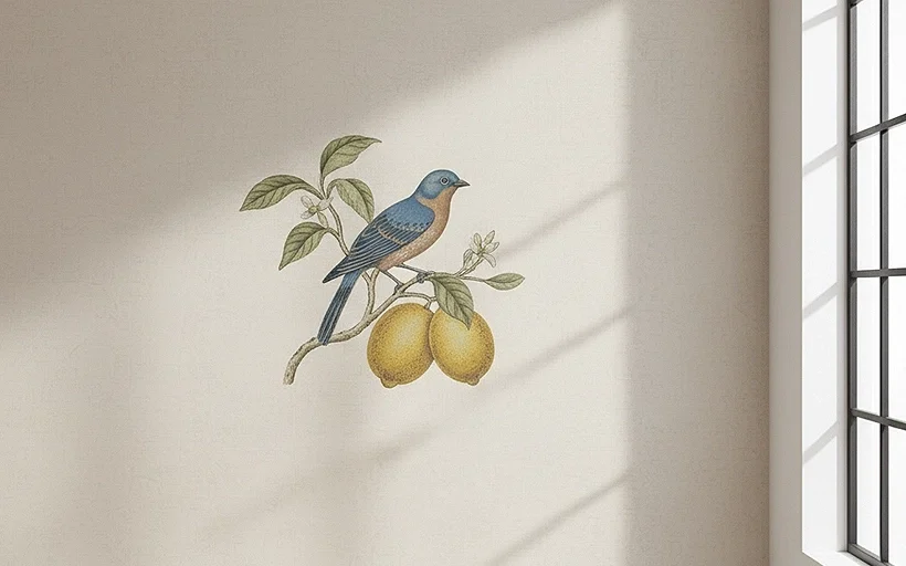 An example of a wall decal sticker showing a bird on a fruit tree branch